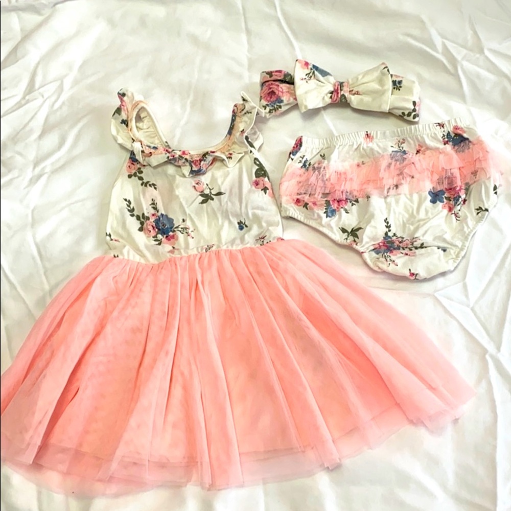 18 Month Girl Pink Floral Dress Set Headband